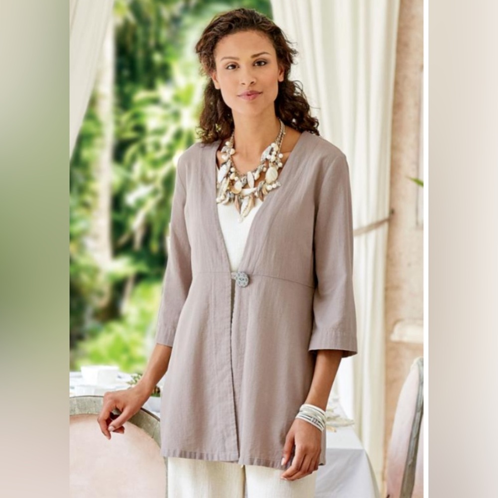 Soft Surroundings Gauze Taupe Pebble Beige Button Top Blouse